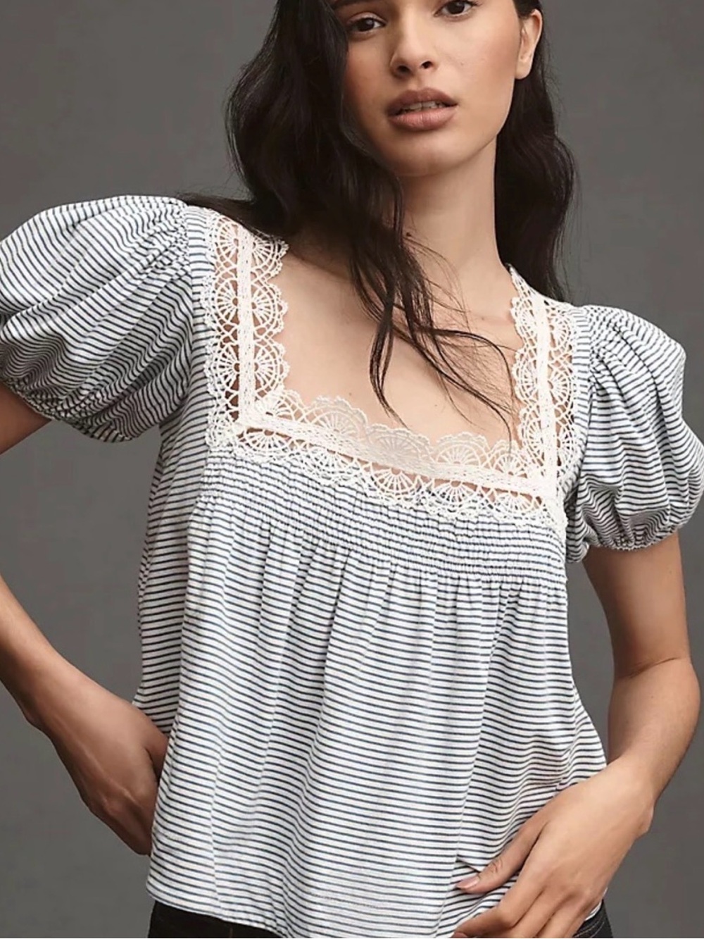 Maeve Anthropologie Square Neck Puff Sleeve Swing Top Striped Medium